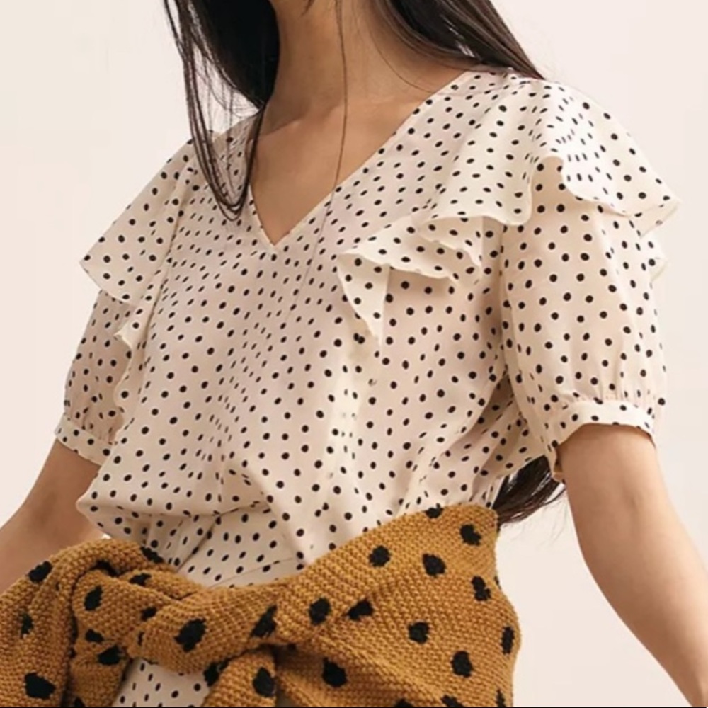Madewell Silk V neck shoulder ruffle polka dot top